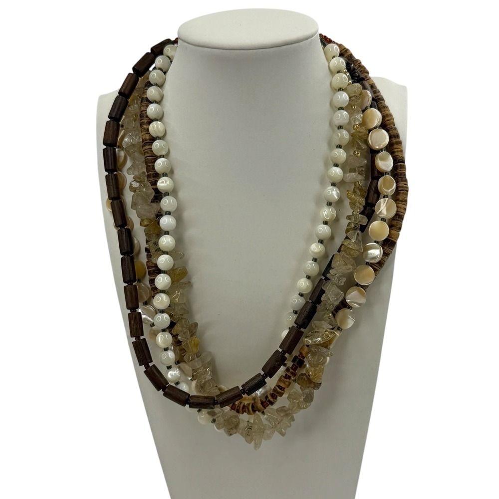 Silpada Multi Strand Mother of Pearl Wood Quartz Statement Necklace Chic Luxury